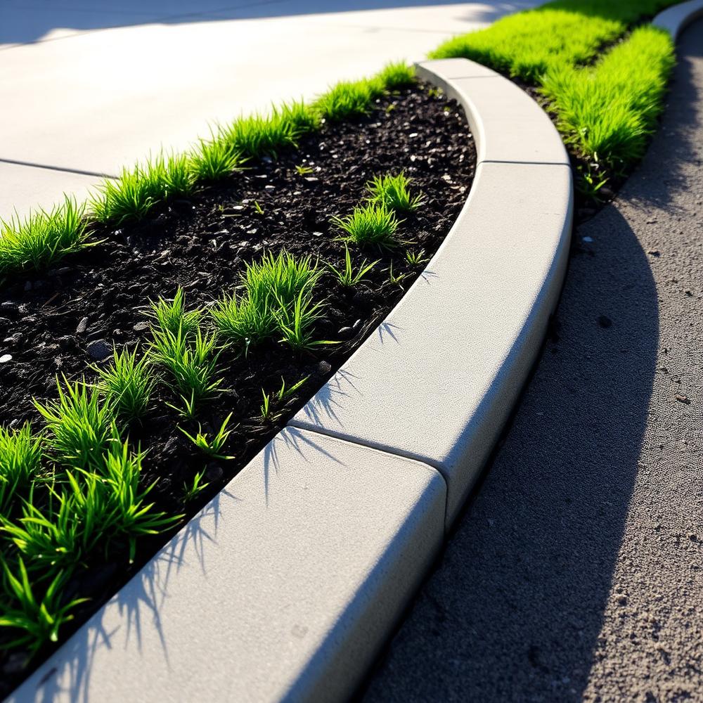 Crisply edged lawn border along a concrete driveway with fresh mulch bed