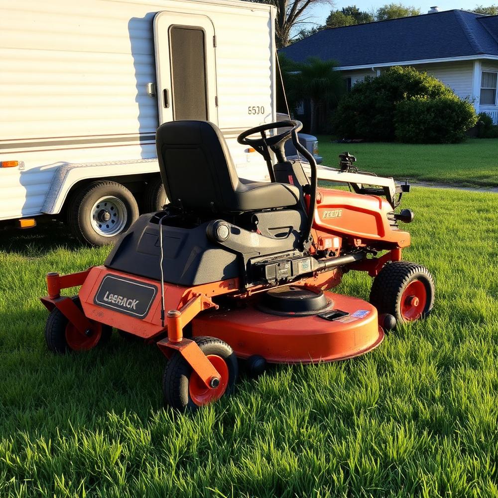 Commercial zero-turn mower parked on a green lawn beside a work trailer