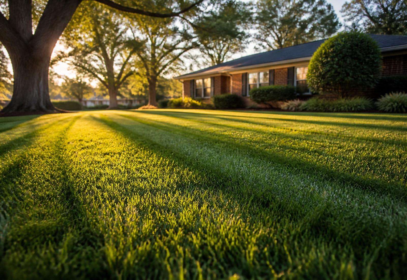 Freshly mowed lawn with crisp mower stripes in Jacksonville, North Carolina at golden hour